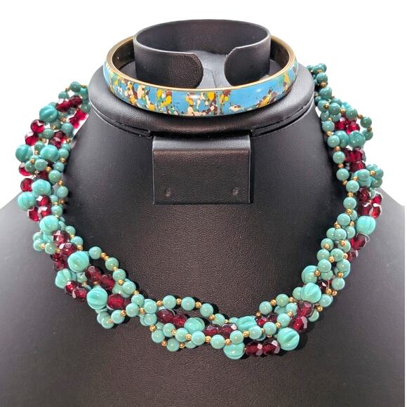 Vintage Faux Turquoise Carved & Red Crystal Torsade Hook Clasp Necklace - Picture 1 of 6